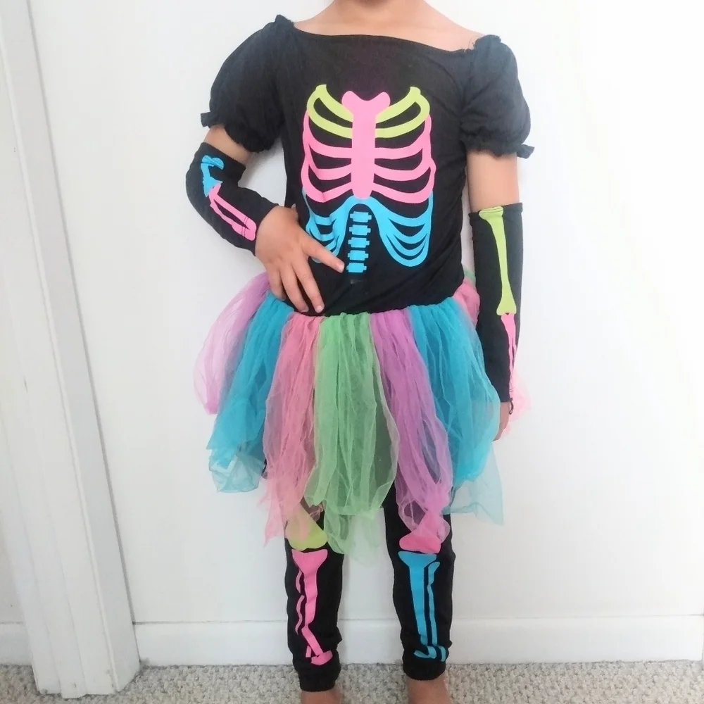 Girls skeleton tulle Halloween rainbow costume 4 piece